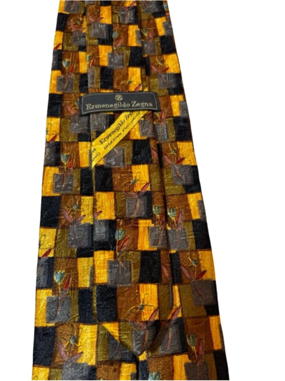 Ermenegildo Zegna Silk Tie Gold Brown Geometric Floral Made in Italy Luxury